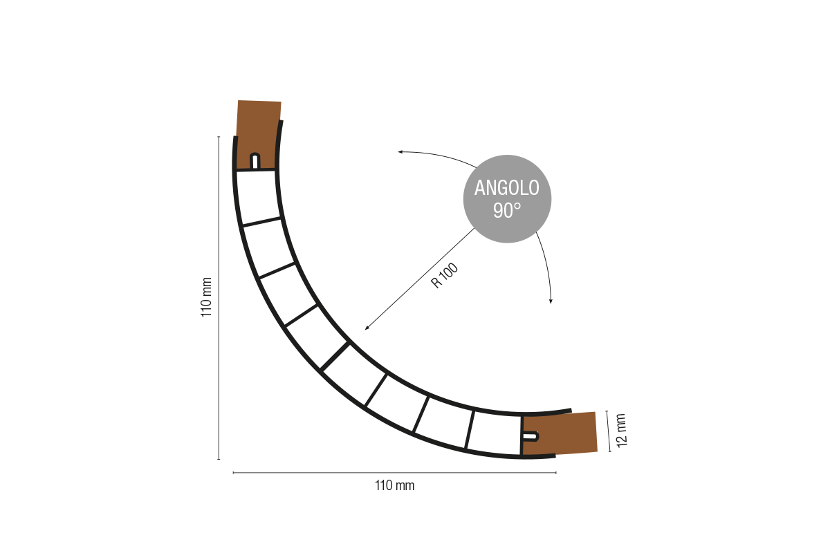 Profilo angolare raggio 100 angolo 90° Per pannelli spessore 12 mm