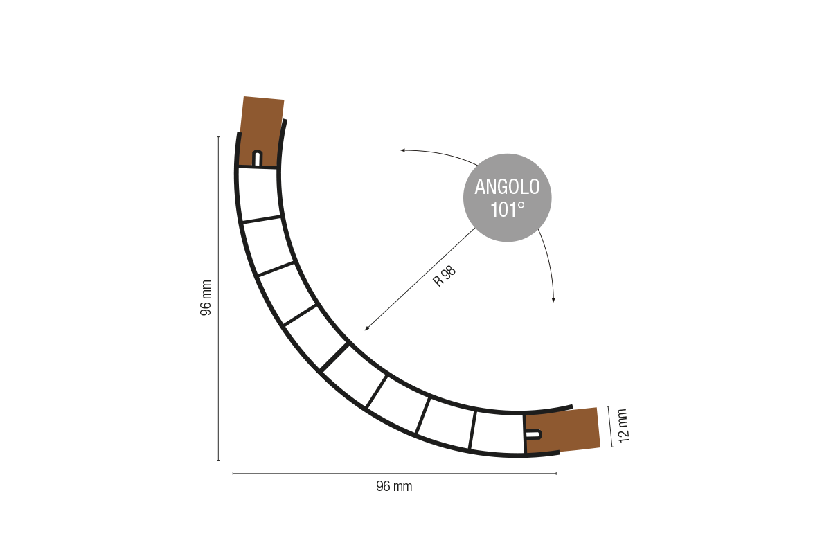 Profilo angolare raggio 98 angolo 101° Per pannelli spessore 12 mm